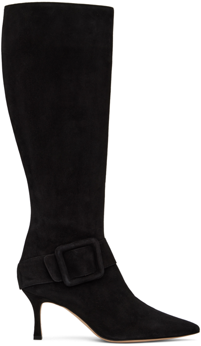 Manolo Blahnik Buckle-embellished Suede Knee Boots In Black