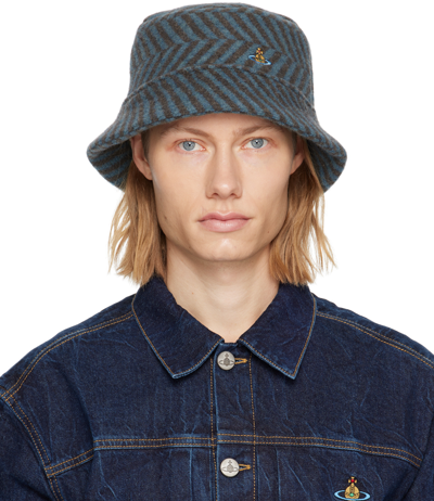 Vivienne Westwood Gray & Blue Striped Bucket Hat In D401 Petrol