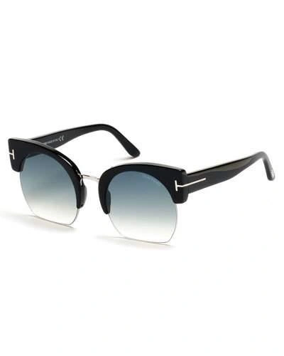 Tom Ford Savannah Semi-rimless Cropped Round Sunglasses, Turquoise/black