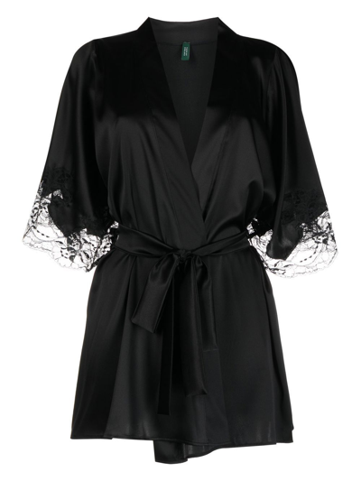 Fleur Of England Lace-trim Silk Robe In Black