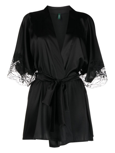 Fleur Of England Lace-trim Silk Dressing Gown In Black