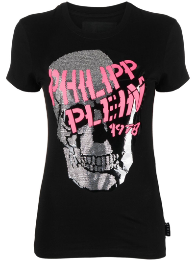 Philipp Plein Skull Strass V-neck T-shirt In Black