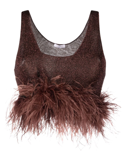 Oseree Brown Lumière Feather-trim Crop Top