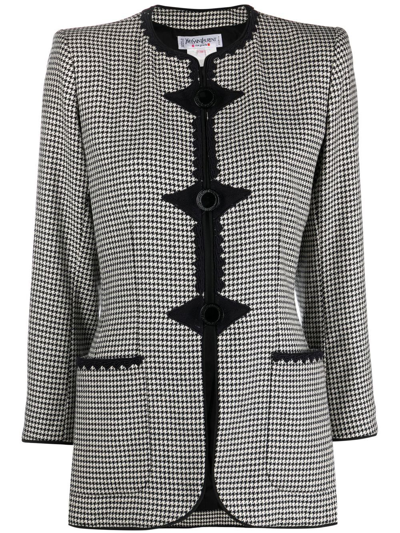 Pre-owned Saint Laurent 1980s Houndstooth Collarless Jacket In Black