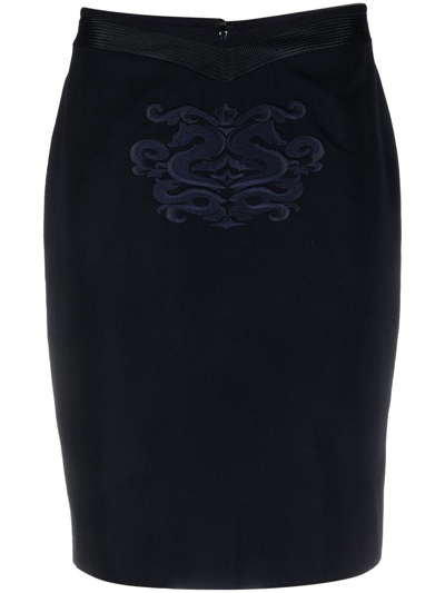 Pre-owned Gianfranco Ferre 1990s Embroidery-detailed Pencil Skirt In Blue