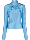 Rabanne High-neck Gathered Stretch-woven Top In Blue