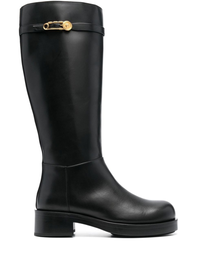 Versace Safety Pini Low Heels Boots In Black Leather