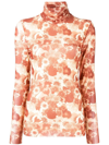 Ganni Floral Turtleneck Top In Brown