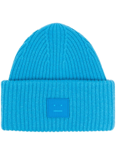 Acne Studios Logo Motif Rib-knit Beanie In Blue