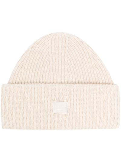 Acne Studios Logo Motif Rib-knit Beanie In Cream