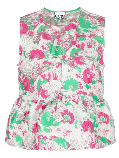 Ganni 3d Jacquard Ribbon Blouse In Multi