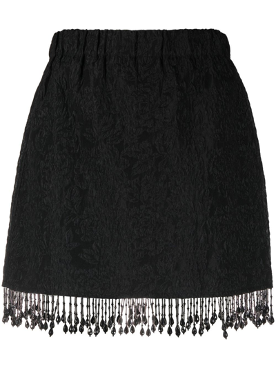 Ganni Jacquard Organza Bead Fringe Miniskirt In Black