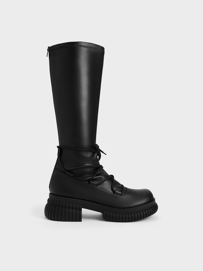 Charles & Keith Lace-up Knee-high Boots In Black