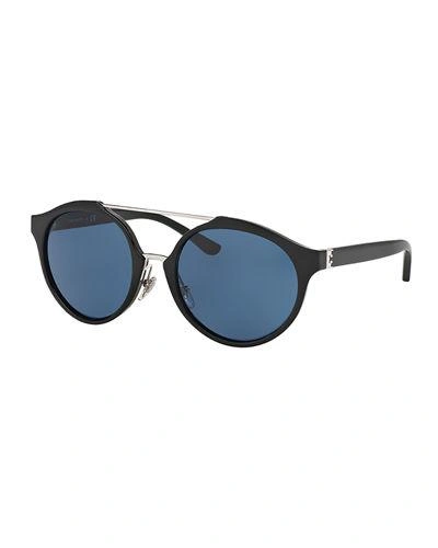 Tory Burch Monochromatic Round Double-bridge Sunglasses In Black/silver/blue Solid
