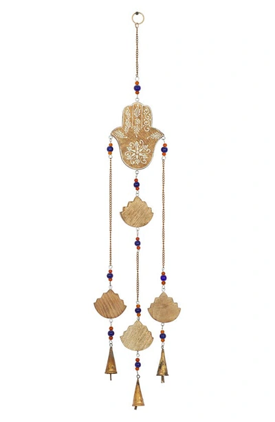 Ginger Birch Studio Brown Mango Wood Handmade Hamsa Buddha Windchime With Glass Beads & Cone Bells