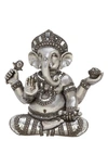VIVIAN LUNE HOME SILVERTONE POLYSTONE MEDITATING GANESH SCULPTURE WITH ENGRAVED CARVINGS AND RELIEF DETAILING