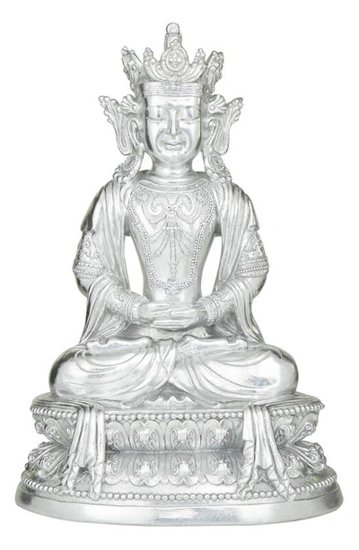 Vivian Lune Home Silvertone Resin Bohemian Buddha Sculpture With Engraved Carvings & Relief Detail