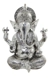 VIVIAN LUNE HOME SILVERTONE POLYSTONE MEDITATING GANESH SCULPTURE WITH ENGRAVED CARVINGS AND RELIEF DETAILING