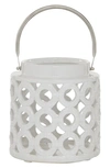 GINGER BIRCH STUDIO WHITE CERAMIC CIRCLES PILLAR CANDLE LANTERN WITH CUT OUT DESIGN