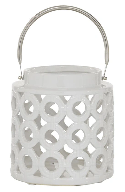 Ginger Birch Studio White Ceramic Circles Pillar Candle Lantern With Cut Out Design