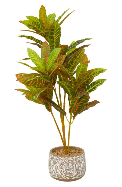 Ginger Birch Studio Green Faux Foliage Crotons Artificial Plant With Floral Patterned Pot In White
