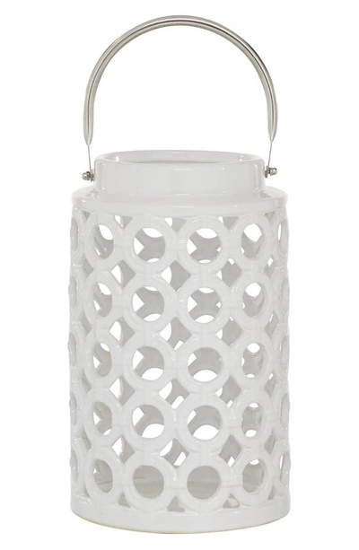 Ginger Birch Studio White Ceramic Circles Pillar Candle Lantern With Cut Out Design