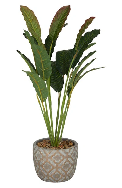 Ginger Birch Studio Green Faux Foliage Crotons Artificial Plant With Geometric Patterned Pot In Grey