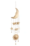 GINGER BIRCH STUDIO GOLDTONE METAL MOON & SUN WINDCHIME WITH GLASS BEADS & CONE BELLS