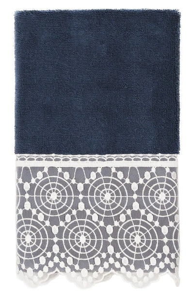 Linum Home Textiles 100% Turkish Cotton Arian Cream Lace Embellished Hand Towel In Medium Blue