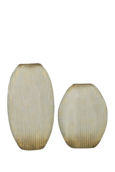 Ginger Birch Studio Oval Textured Metal Vase With White And Gold Glazed Finish