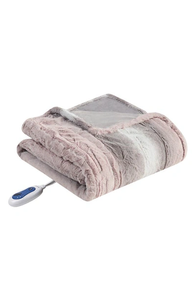 Beautyrest Heated Faux Fur Throw Blanket In Blush/grey