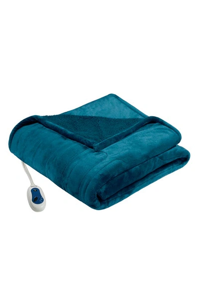 Beautyrest Heated Faux Shearling Lined Throw Blanket In Teal