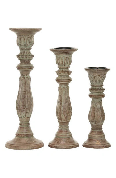 Uma Set Of 3 Distressed Mango Wood Candlesticks In Brown