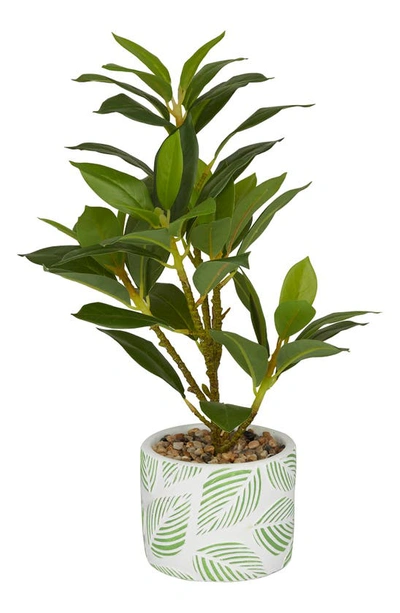Sonoma Sage Home Green Faux Foliage Bay Laurel Artificial Plant With Leaf Patterned Pot In White