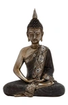 VIVIAN LUNE HOME BRASS POLYSTONE BOHEMIAN BUDDHA SCULPTURE WITH ENGRAVED CARVINGS AND RELIEF DETAILING