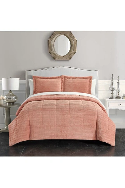 Chic Rashid Ribbed Texture Microplush Faux Shearling Lined King Comforter 3-piece Set In Blush