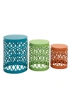 WILLOW ROW MULTICOLORED METAL INDOOR & OUTDOOR STACKABLE NESTING ACCENT TABLE WITH LASER CARVED TRELLIS DESIGN