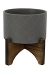 Flora Bunda 5in Argyle Ceramic Planter On Wood Stand In Matte Gray