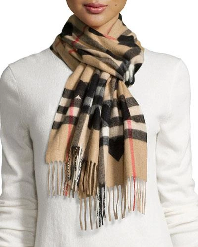 Burberry Heritage Giant Check Fringed Cashmere Muffler In Camel