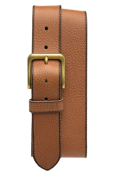 Frye Edge Stitch Leather Keeper Belt In Tan/ Tumbled Antique Brass