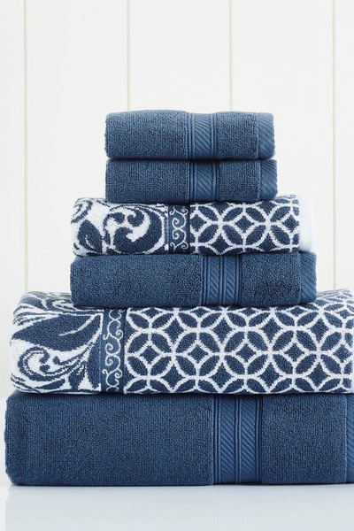 Modern Threads Trefoil Filigree Reversible Yarn-dyed Jacquard 6-piece Towel Set In Indigo