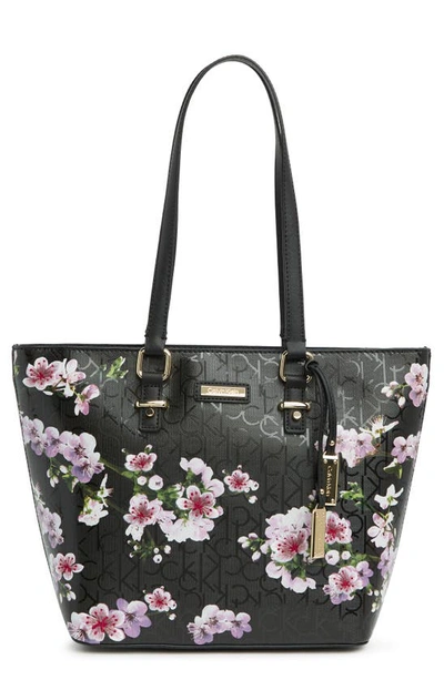 Calvin Klein Embossed Floral Tote Bag In Blk Multi