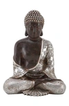 UMA SILVERTONE POLYSTONE BOHEMIAN BUDDHA SCULPTURE WITH ENGRAVED CARVINGS AND RELIEF DETAILING