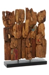 WILLOW ROW BROWN TEAKWOOD HANDMADE CARVED ABSTRACT SCULPTURE WITH FACES