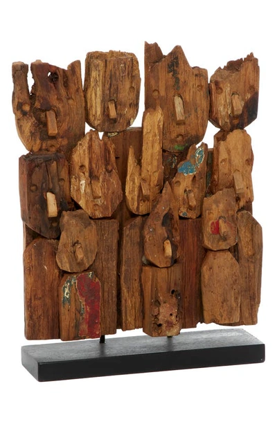 Willow Row Brown Teakwood Handmade Carved Abstract Sculpture With Faces