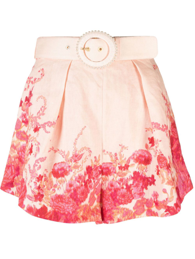 Zimmermann High Tide Belted Linen Tuck Shorts In Pink