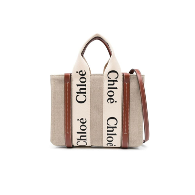 Chloé Neutral Woody Small Canvas Tote Bag In Neutrals