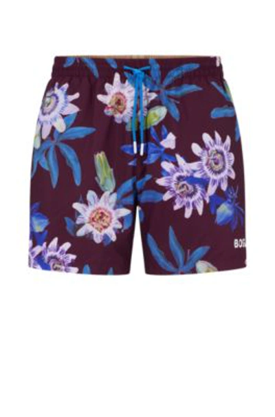 Hugo Boss Floral-print Swim Shorts With Logo Detail In Dark Purple