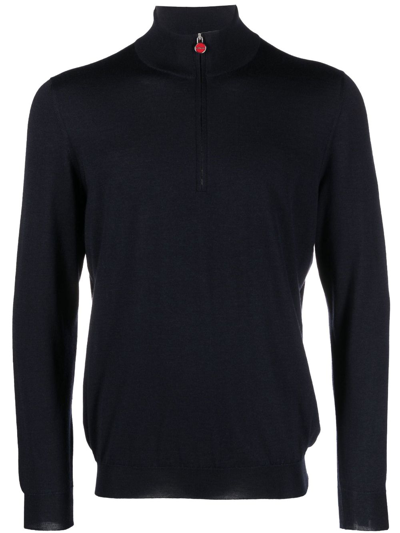 Kiton Man Half Zip Sweater In Anthracite Cashmere And Silk In Blue