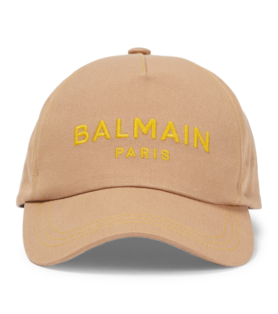 Balmain Logo Cotton Baseball Cap In Weg Taupe Jaune